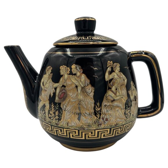 24kt Gold Kratimenos Teapot Black Made In Greece 7” Tall - Picture 1 of 10